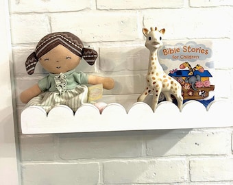 Scalloped Nursery Shelf - Distressed White Wood, Country Cottage Decor