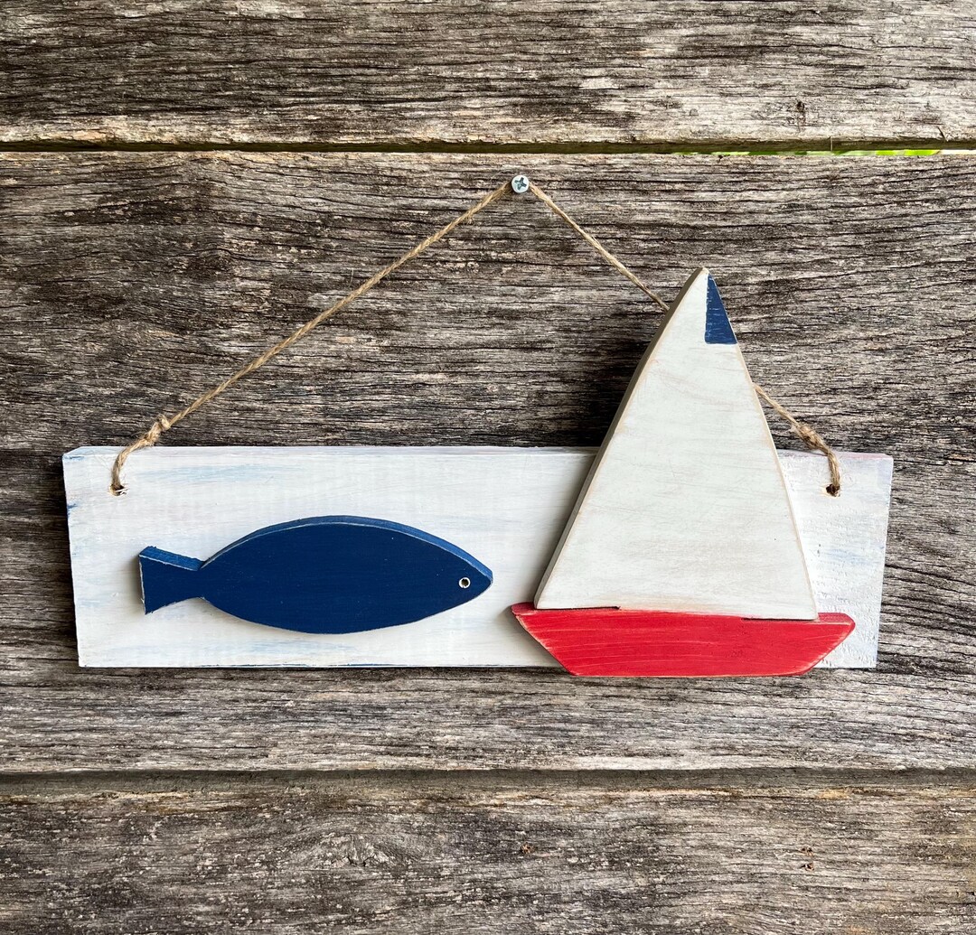 Sail Boat Picture Beach House Decor Wooden Fish Wall Ocean Waves Sign ...