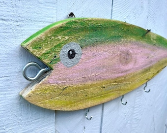 Hand Painted Wooden Fish Key Holder, Rustic Lake House Decor