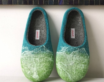 Felted Wool Slippers: Ocean Green, Handcrafted Cozy Home Shoes