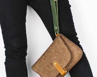 Handmade Wool Felt Purse with Leather Strap, UK Designer