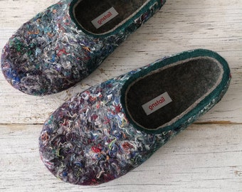 Vibrant and multicoloured wool felted slippers for women. Slippers size UK5.5 designed and made in UK