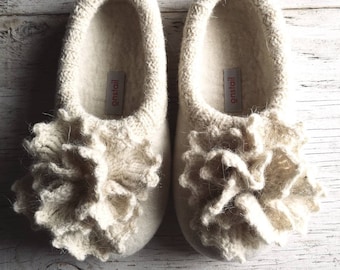 Flowering pearls. Hand felted wool slippers with crochet flowers MADE TO ORDER