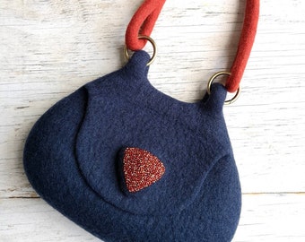 Navy blue Boho style top handle bag, Cross body felted wool bag, Fashionable small bag, Bespoke felted wool bag by onstail made in UK