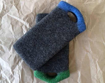 FELT PHONE COVERS not just for rock climbers. Strong Felt phone case with two loops for clip in. Blue & Green loops.