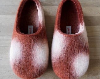 Handmade Felted Wool Slippers: Red Brown & White Cowhide Design