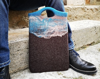 Bespoke hand felted laptop sleeve with top handle. Felt laptop bag MADE TO ORDER