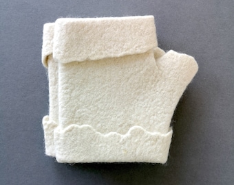 White Merino Wool Fingerless Gloves: Handmade Felted Mittens