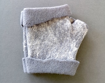 Hand Felted Merino Wool Fingerless Gloves - Light Grey, Made in UK