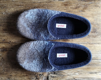 Slippers for men in navy blue, Felt wool slippers with the Ocean wave pattern, Non slip indoor slippers, Eco wool slippers made in UK