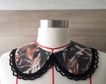 Designer detachable collar with hand crochet lace. Limited edition unique collar with black lace and abstract pattern cotton fabric