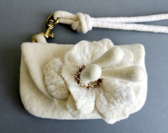 White Wool Felt Purse with Beaded Flower, Wrist Handle