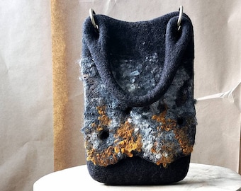 Cute Small Bags, Small Boho Purse, Felt Wool Bags for Women, Black Purse with Phone Holder, Fall Handbag with Handle, Gift for Women Friend