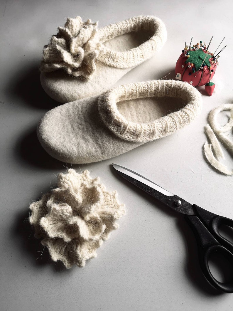 Flowering pearls eco hand felted wool slippers with crochet flowers HANDMADE TO ORDER image 8