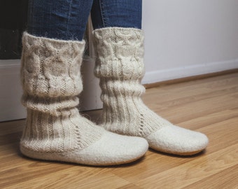 White Owl Wool felted home slippers shoes with long knitted socks in cottage style.