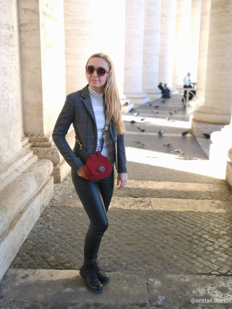 Red felted pouch cross body bag. Bespoke felted mini bag. Designer wool felt bag. Sustainable felt fashion. Handcrafted in UK image 9