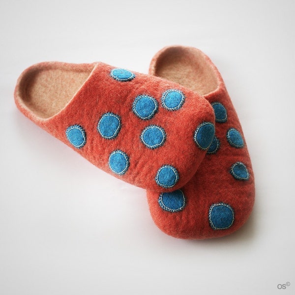 Spotted felted slippers/ Handmade to order