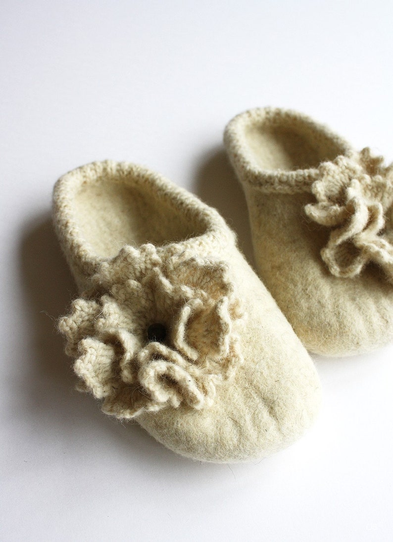 Flowering pearls eco hand felted wool slippers with crochet flowers HANDMADE TO ORDER image 6