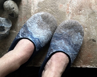 Felt Wool Slippers: Mountain Calling, Navy Blue Unisex Design