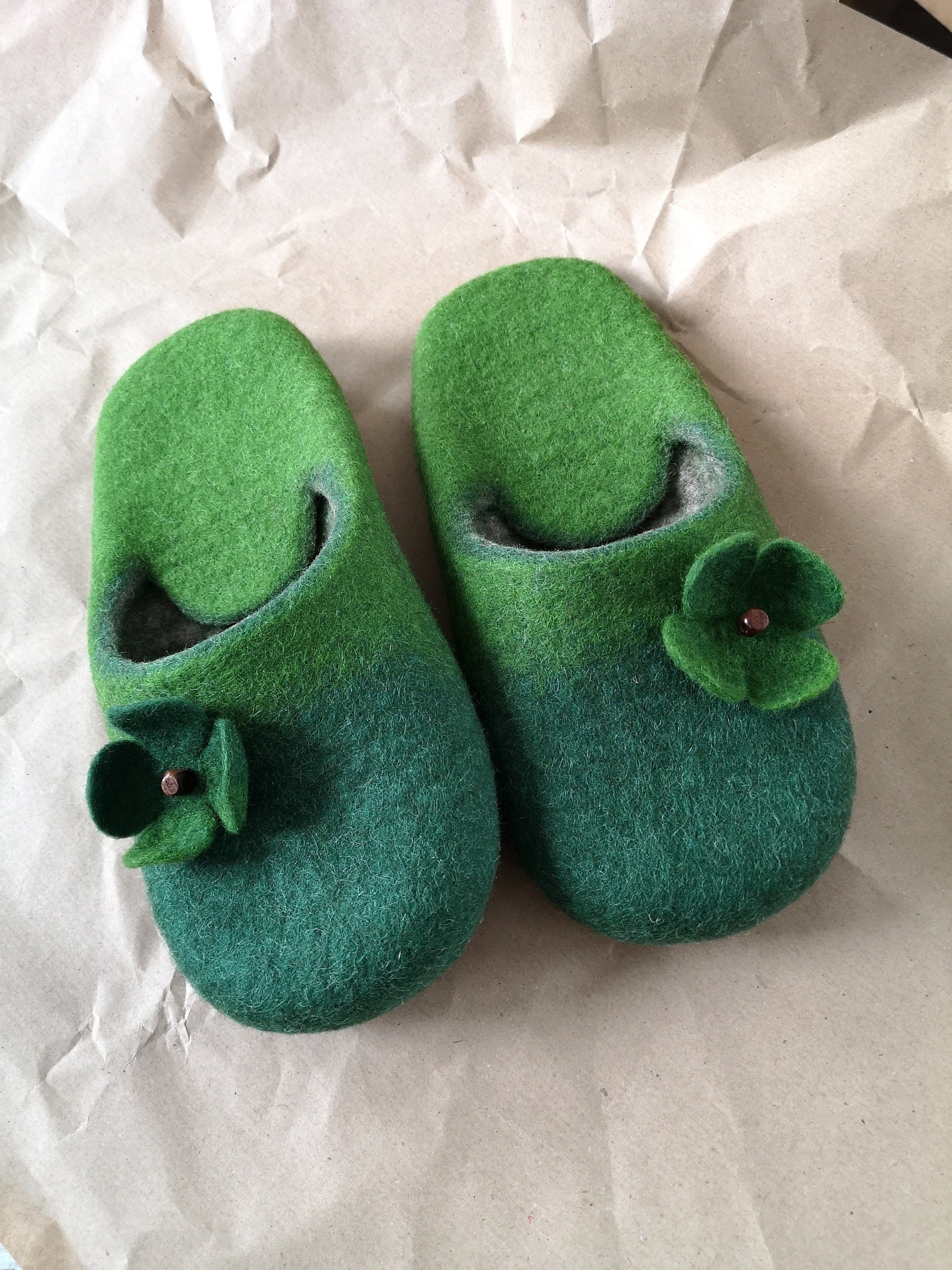 Green Felt Slippers With Little Flowers. Open Heel Felted Wool