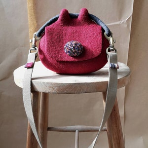 Red felted pouch cross body bag. Bespoke felted mini bag. Designer wool felt bag. Sustainable felt fashion. Handcrafted in UK image 4