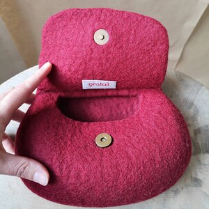 Red felted pouch cross body bag. Bespoke felted mini bag. Designer wool felt bag. Sustainable felt fashion. Handcrafted in UK image 8