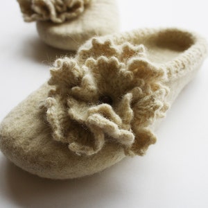 Flowering pearls eco hand felted wool slippers with crochet flowers HANDMADE TO ORDER image 4