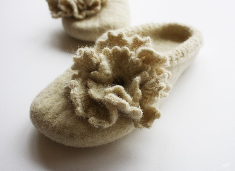 Flowering pearls eco hand felted wool slippers with crochet flowers HANDMADE TO ORDER image 4