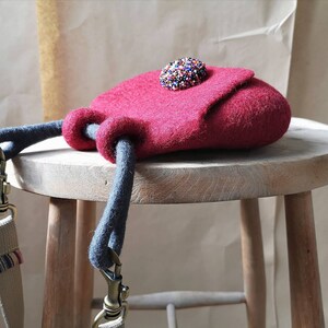 Red felted pouch cross body bag. Bespoke felted mini bag. Designer wool felt bag. Sustainable felt fashion. Handcrafted in UK image 6