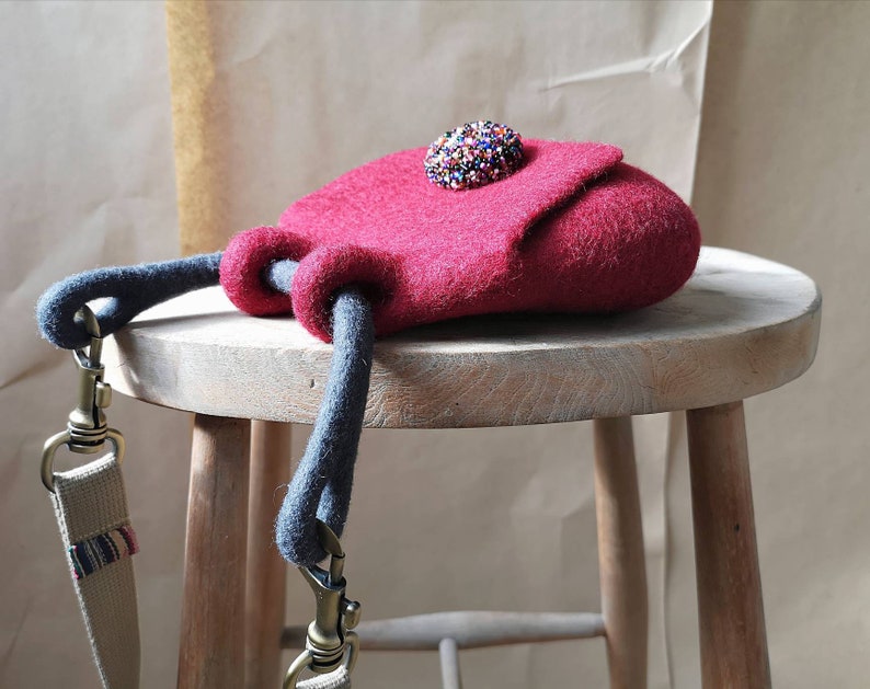 Red felted pouch cross body bag. Bespoke felted mini bag. Designer wool felt bag. Sustainable felt fashion. Handcrafted in UK image 6