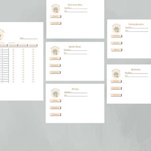 Puede incluir: Hoja de registro de mascotas imprimible con secciones para notas médicas, horario de alimentación, medicamentos, alergias y notas de comportamiento. Cada sección tiene un icono de huella de pata y espacio para el nombre de la mascota y la fecha.