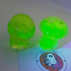 Op de afbeelding: Twee gloeiende groene paddenstoelvormige objecten. De paddenstoelen hebben een afgeronde kap en een steel. De afbeelding toont ook een sticker met de tekst "Spooky Things" en een cartoongeest omringd door bloemen.