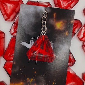 Può includere: Un portachiavi triangolare rosso con una catena d'argento, su uno sfondo nero e arancione. Il portachiavi è circondato da diversi oggetti rossi triangolari simili a gemme. L'immagine ha una prospettiva dall'alto.