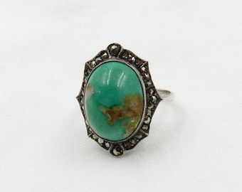 Antique Sterling Silver Turquoise Cabochon and Marcasite Ring