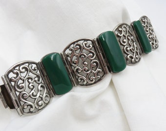 Circa 1940 Mexican Silver and Green Stone Link Bracelet