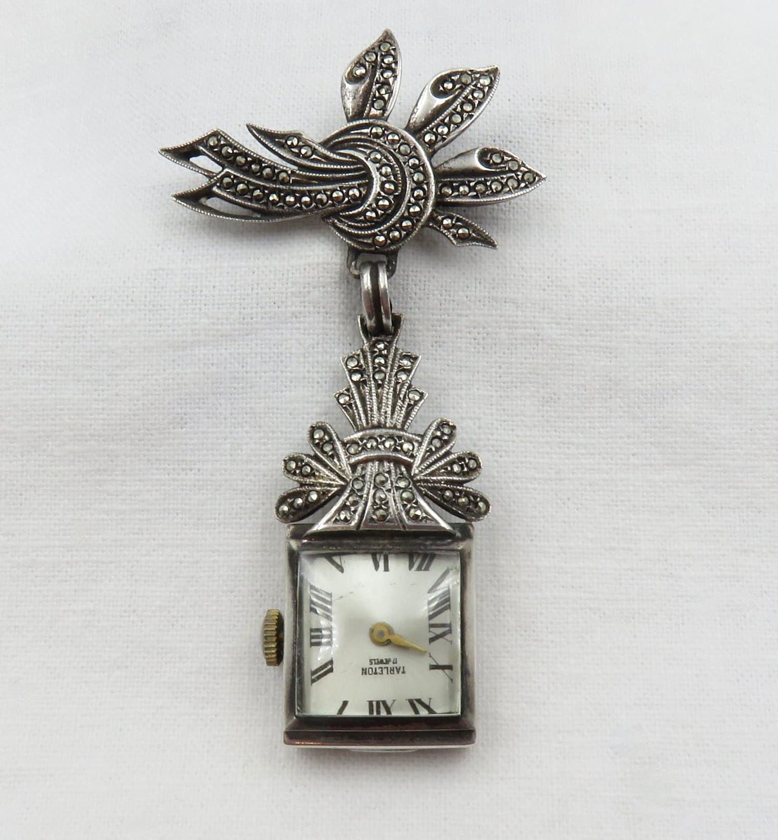 Vintage Normandie Brooch Watch 1930ish Black Dog Vintage Art Deco Marcasite Sterling Silver Watch  main image 2