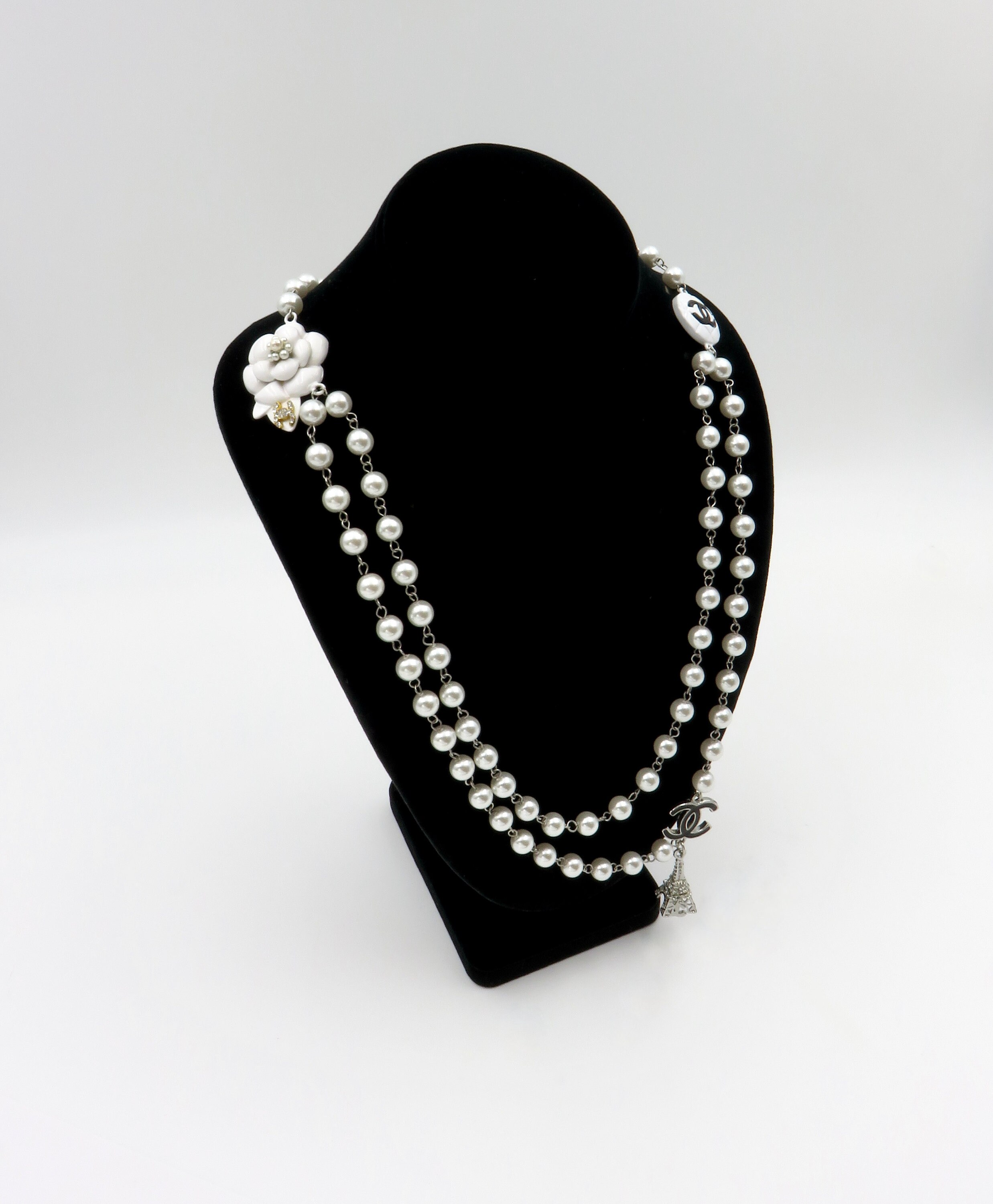 Vintage Chanel Faux Pearl Necklace Featuring Enamel CC Logos