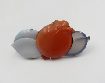 Arts and Crafts Era Opal Doublet, Carnelian and Chalcedony Flower Brooch