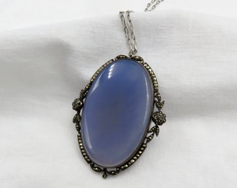 Circa 1920 Chalcedony and Marcasite Pendant Necklace Set in Sterling Silver