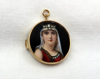 Circa 1890. Antique Hand Painted Portrait Brooch/Pendant of Victorian Lady