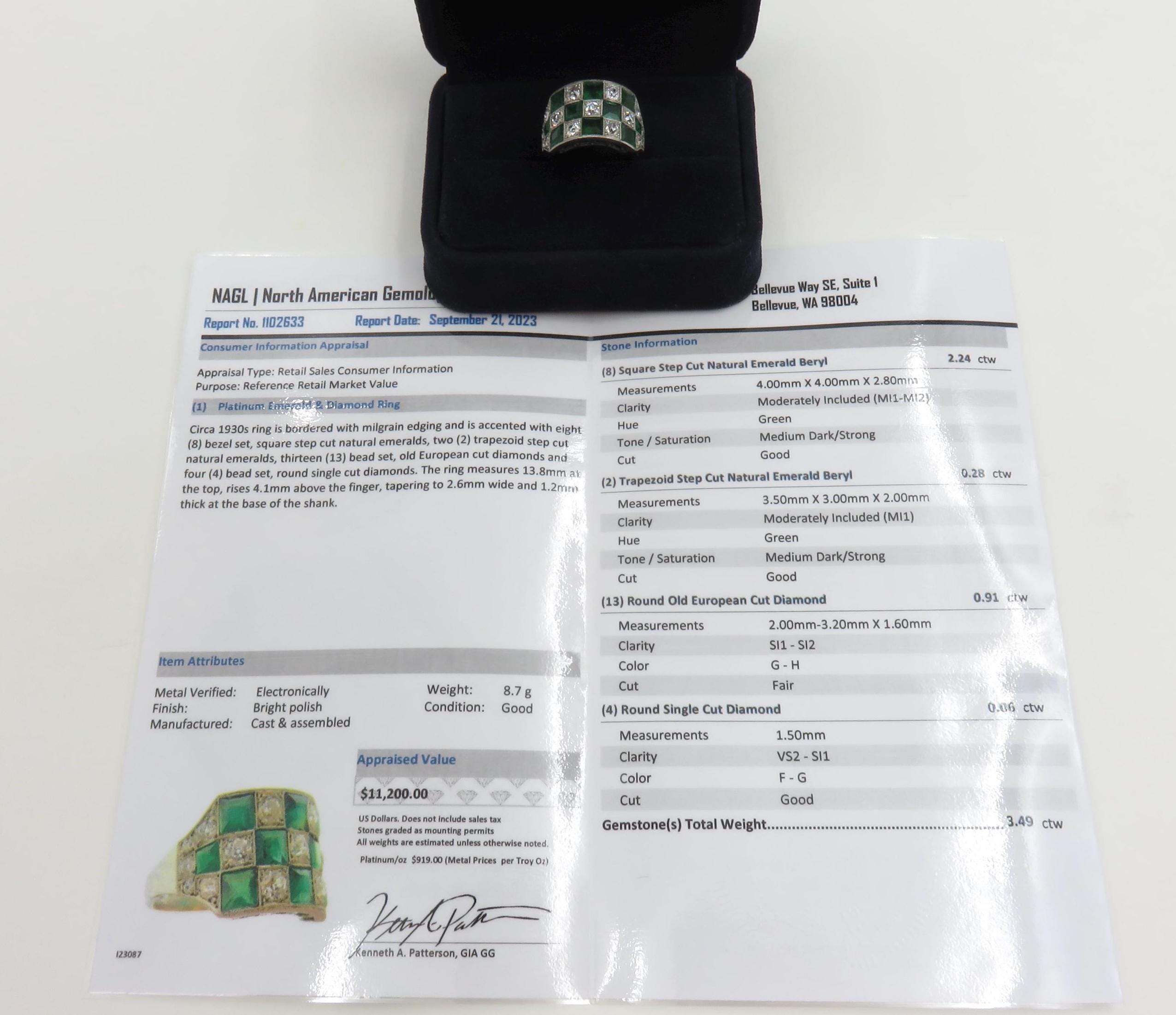 ユウ Circa 1930. Platinum Emerald Beryl and Diamond Ring Checkerboard