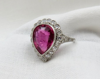 Circa 1950's Pear, Mixed Cut Rubellite Tourmaline Ring