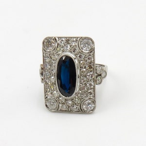 Circa 1930 Blue Sapphire and Diamond Platinum Ring