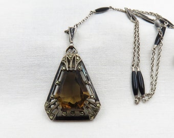 Circa 1920 Sterling Silver and Enamel Pendant set with Smoky Quartz