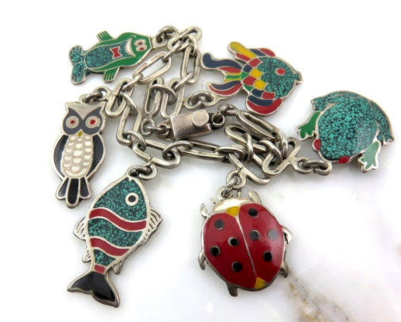 Vintage Castelan Mexican Enamel Charm Bracelet