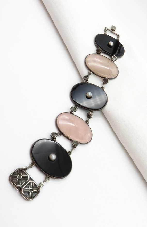 Circa 1930 Rose Quartz, Onyx and Pearl Link Bracel