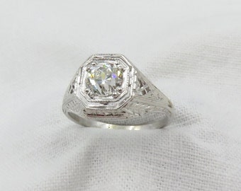 Circa 1930 18KT White Gold Ring with 0.78CT Old European Cut Diamond