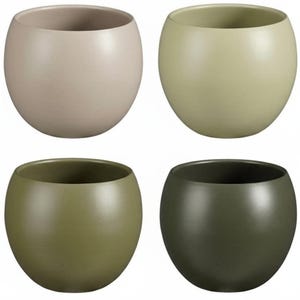 May include: A set of four spherical planters with a smooth matte finish. The pots are arranged in a two-by-two grid, featuring a gradient of earth tones including light beige, pale sage green, olive green, and a deep forest green colour.