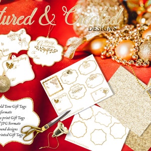 DIY  25 Christmas Glitter & Gold Gift Tags, Printable Christmas Tags - Clipart/Elements - Instant Download