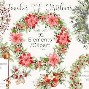 92 Tocco di elementi natalizi/clipart: stelle di Natale, ghirlande, mazzi di fiori, agrifoglio e bacche